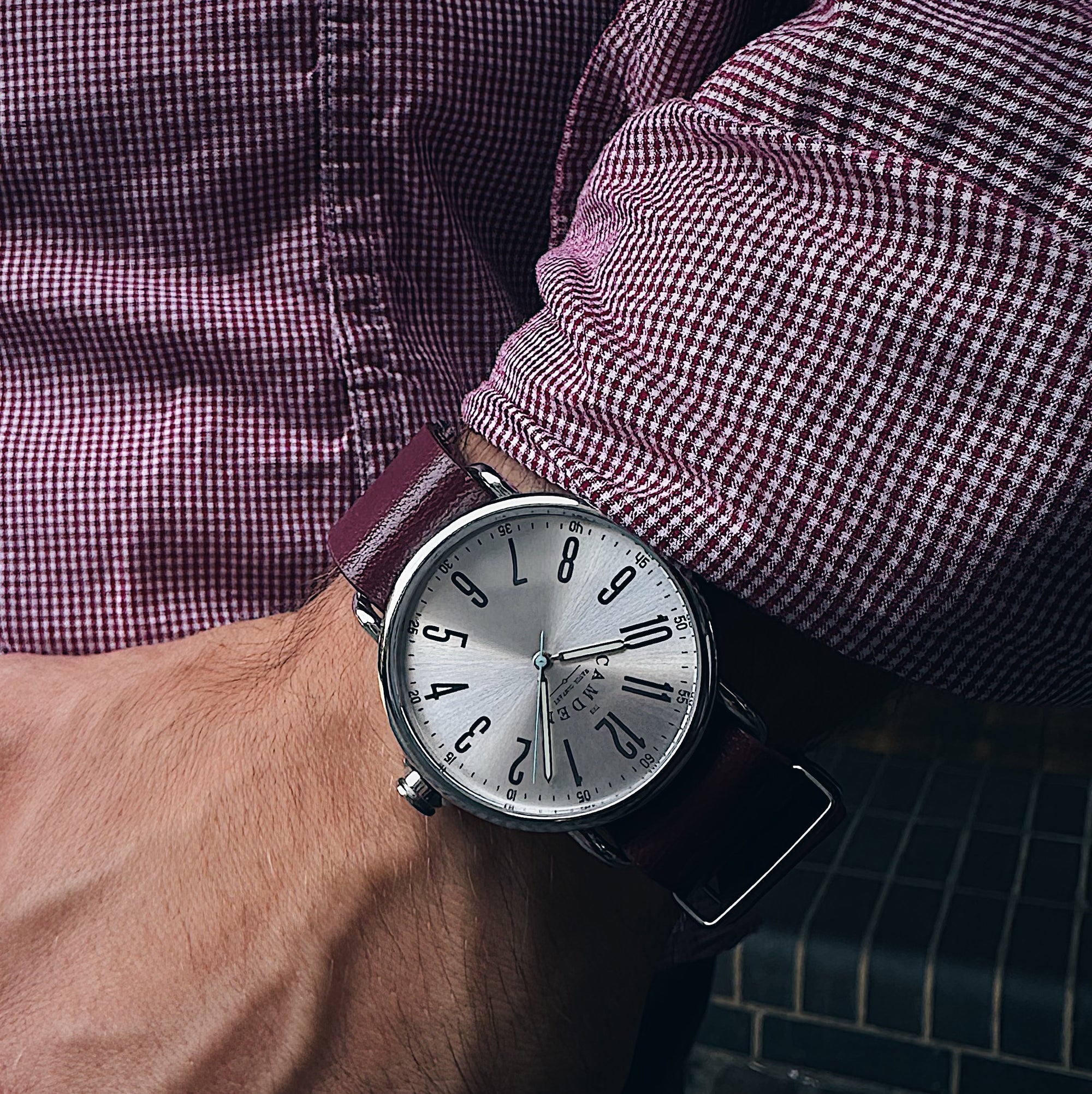 Camden Watch Company Steel Unisex Watch with Oxblood Red Leather Strap